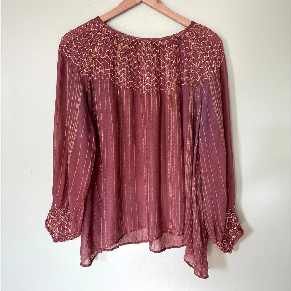 Boho Sheer Smocked Blouse, Flowy Cottagecore Gypsy Peasant Top M